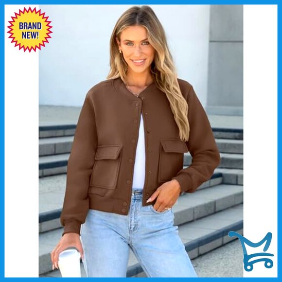 Cropped Bomber Jacket Casual Varsity Y2K Fashion Loose Fit Button Down Pockets - Picture 4 of 7